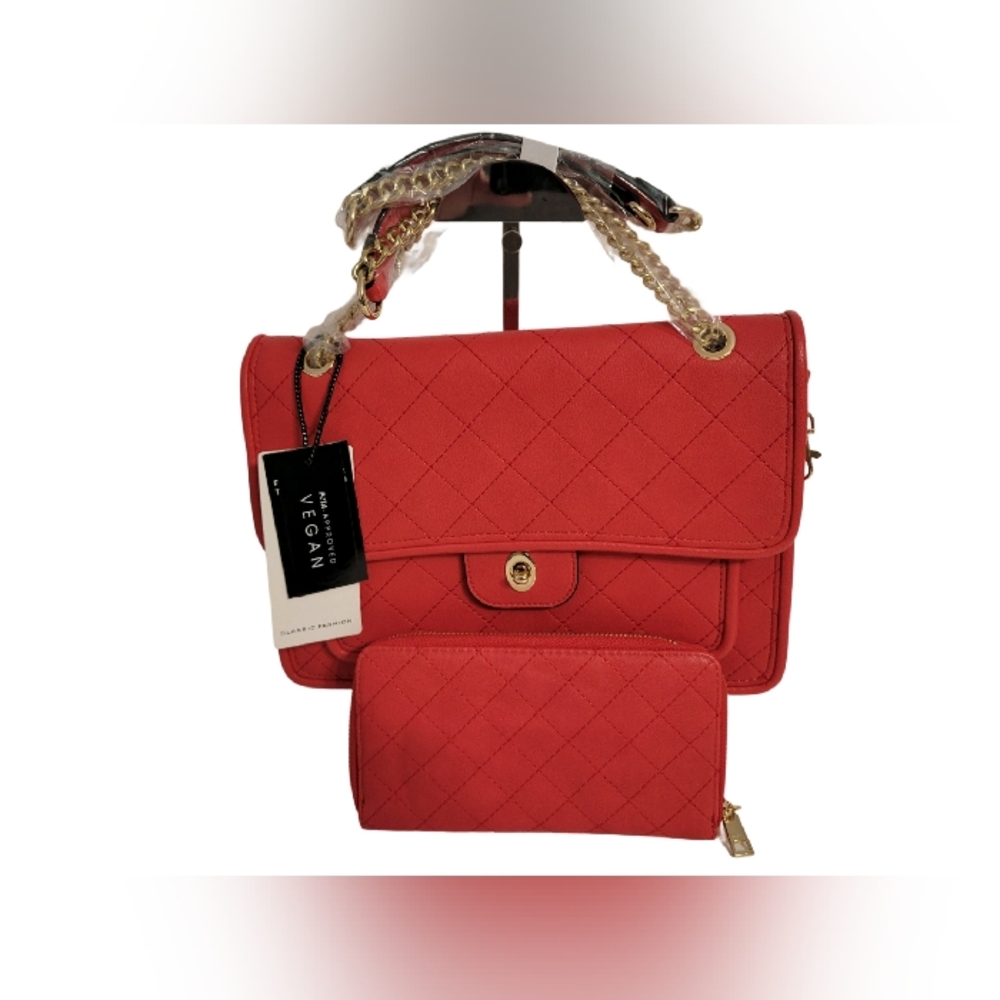 Classic Fashion Red Purse Vegan Leather 2-n-1 Handbag with Matching Wallet